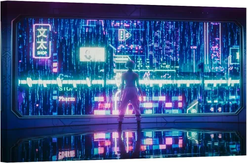 Vista 6 de LSIUHWUWI Future City Concept - Cuadro decorativo moderno para pared, impresión sobre lienzo Cyberpunk City Neon Streetview por la noche