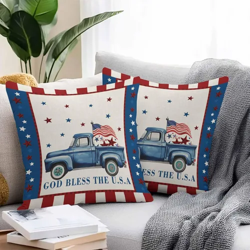 Vista 2 de Juego de 2 fundas de almohada para exteriores del Día de la Independencia, diseño de camión azul granja, bandera estadounidense, estrella
