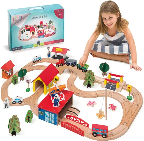 Vista 10 de KipiPol Juegos de trenes de madera para niños de 2 a 4 a 7 años – 38 piezas de tren de madera para niños pequeños con grúa, puente y pistas de tren