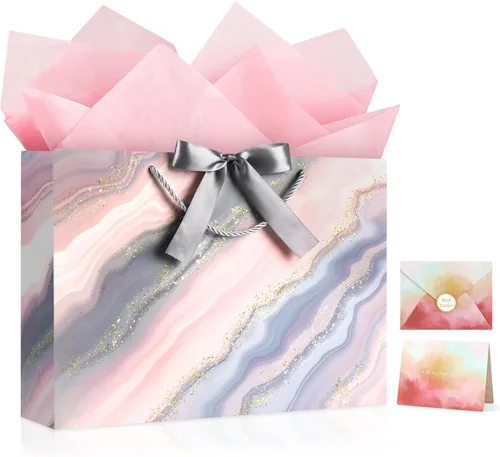 Vista 18 de JMANNI Bolsas de regalo, 3 piezas de tamaño mediano con cinta de lazo, bolsa de regalo de papel portátil, patrón de mármol, para cualquier ocasión