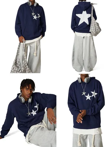 Vista 4 de Aelfric Eden Sudaderas con capucha Y2k con estampado de estrellas, de gran tamaño, con cuello redondo de los años 90, sudadera de manga larga