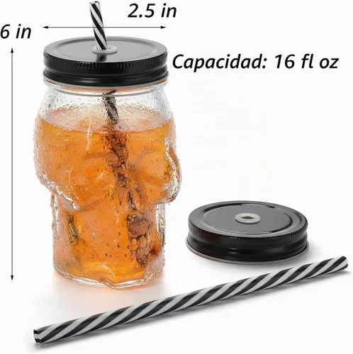 Vista 2 de TOPZEA Paquete de 6 tazas Mason Jars de 16 onzas, tazas de cristal con diseño de calavera, vaso con pajitas, vasos de bebida a la antigua, base