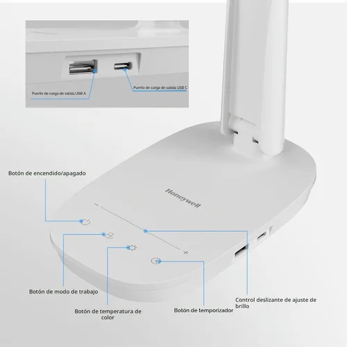 Vista 5 de Honeywell Lámpara LED de escritorio - HWT-H2 Sunturalux™ Lámpara de escritorio plegable para cuidar los ojos con puerto de carga USB A+C de doble