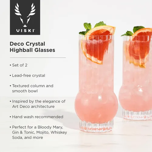 Vista 2 de Viski Deco Crystal Island - Juego de 2 vasos altos de cristal de primera calidad, copas de mojito y ginebra y tónico, juego de regalo de cristalería