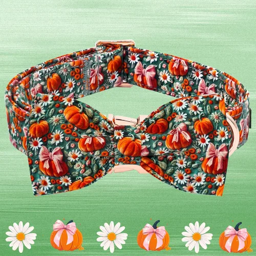 Vista 3 de Elegant little tail - Collar de otoño para mascotas con corbatín, lindo collar de Halloween con estampado de flores y calabaza para cachorros