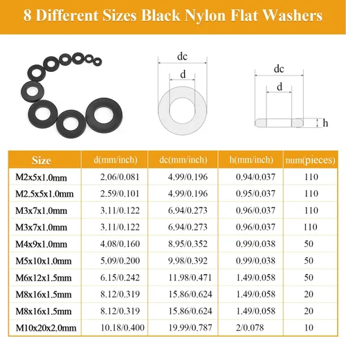 Vista 3 de Juego de 640 Piezas de Arandelas Planas de Nylon Negras, M2-M10, Arandelas Métricas y Planas de Nylon