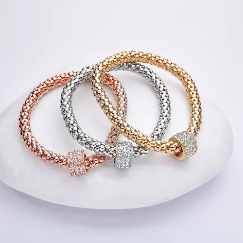 Vista 3 de Pulsera de oro de 14 quilates, plata y oro rosa, 3 piezas, pulsera de cadena de maíz, pulsera elástica de múltiples capas de cristal, pulseras
