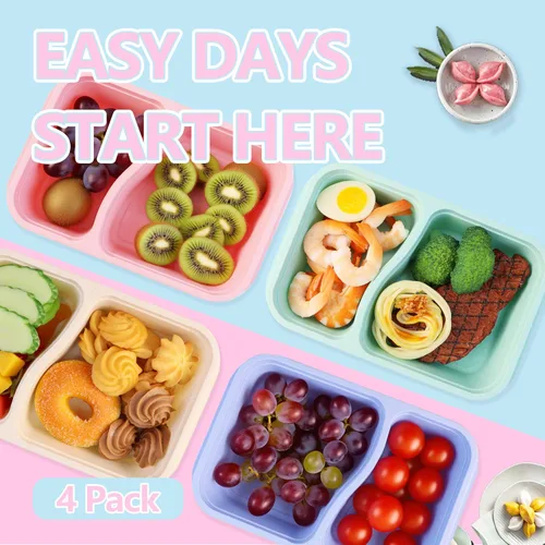 Vista 3 de Finorder 4 Pack Contenedores de Paja de Trigo, Caja Bento Reutilizable de 2 Compartimentos Colorida para Niños Pequeños, Contenedores de Comida
