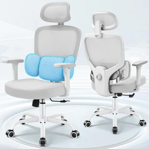 Vista 9 de Silla ergonómica de escritorio de oficina, silla de computadora de malla transpirable con respaldo alto, soporte lumbar 3D, reposacabezas 2D