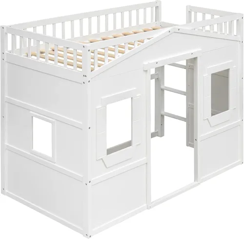 Vista 6 de Base de cama individual tipo loft para niños, cama tipo loft de madera con ventanas y barandilla, cama de casa de juegos, cama tipo loft