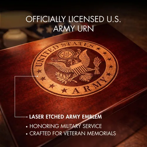 Vista 2 de Bey-Berk - Urna militar con licencia oficial del ejército de Estados Unidos, urna grande de cremación para cenizas humanas, palo de rosa, logotipo