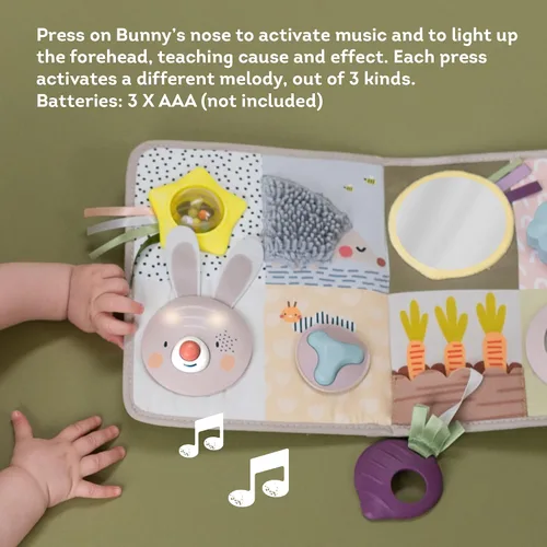 Vista 9 de Taf Toys Tablero de actividades para recién nacidos y niños pequeños con música y luces, 13 actividades Montessori, espejo seguro para bebés