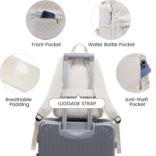 Vista 4 de LOVEVOOK Mochila pequeña acolchada para mujer, mochila de cuero, impermeable, para viajes de trabajo, Beige, Compacto