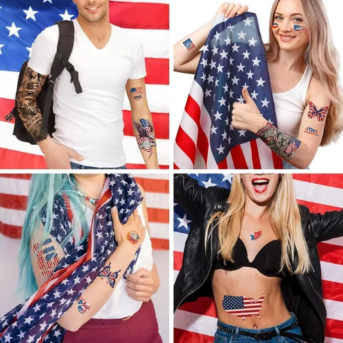 Vista 3 de Aresvns Tatuajes temporales del Día de la Independencia, tatuaje de manga de bandera de Estados Unidos del 4 de julio, suministros de fiesta rojo