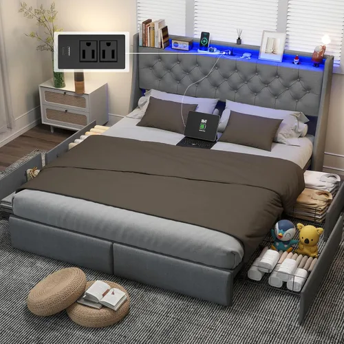 Vista 11 de UINTAI Marco de cama tamaño completo con cabecero y 4 cajones de almacenamiento, cama de plataforma metálica tapizada con respaldo abatido y luces