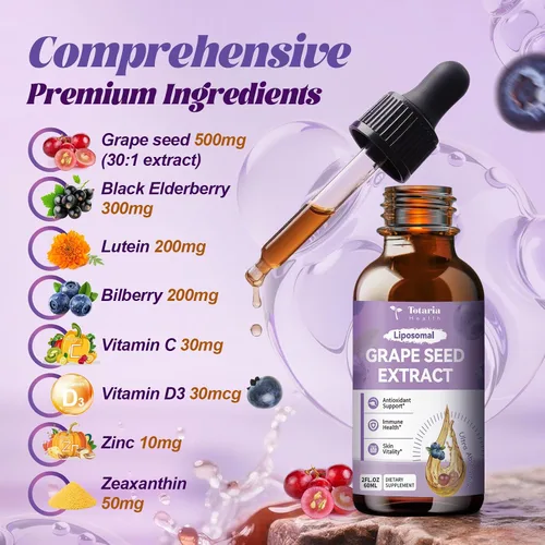 Vista 2 de Totaria Gotas líquidas de extracto de semilla de uva Suplemento antioxidante de polifenoles de alta potencia con 95 % para la piel, el corazón