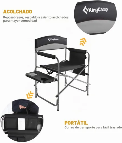 Vista 6 de KingCamp Silla de director acolchada plegable para acampar con mesa auxiliar y bolsillo, color gris
