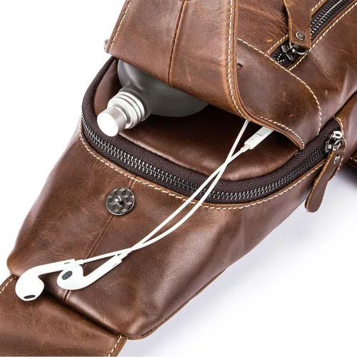 Vista 3 de Bolso bandolera de cuero genuino para hombre, mochila cruzada para el hombro, resistente al agua, antirrobo, para viajes, senderismo, escuela, Marrón