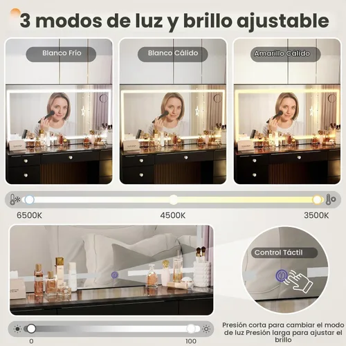 Vista 5 de Escritorio de tocador con 11 cajones con parte superior de cristal con silla, manijas de cristal con espejo y luces, tocador con toma de corriente