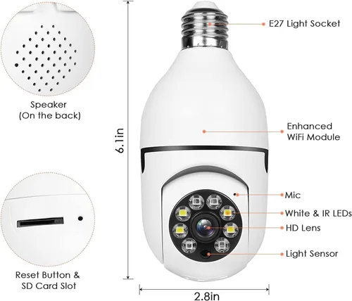 Vista 6 de Bombilla inalámbrica WiFi 1080P, cámaras de seguridad inalámbricas para exteriores, 360 grados para interiores, cámaras de seguridad para seguridad