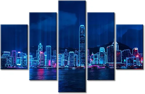Vista 262 de Cuadros de 5 paneles de Cyberpunk City, arte de pared, representación de vallas publicitarias, edificios modernos en la capital con obras de arte