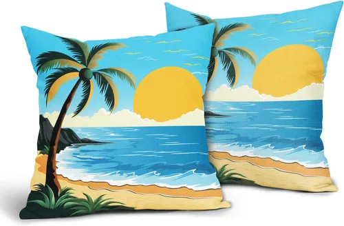 Vista 2 de Juego de 2 fundas de almohada de hojas de plantas tropicales de 20 x 20 pulgadas, juego de 2 fundas de almohada cuadradas de lino de algodón y hojas
