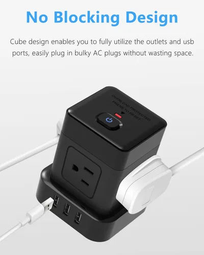 Vista 6 de Baykul - Tira de alimentación de cubo de 5 pies, cable de extensión de enchufe plano, negro, 3 USB, USB-A, Cubo, Viajar Amigable, Carcasa