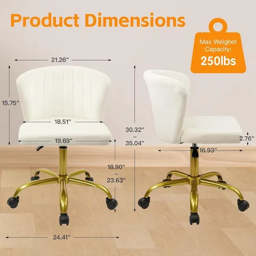 Vista 3 de CLATINA Silla de escritorio de terciopelo para el hogar con ruedas de base dorada, altura ajustable, tapizada, cómoda, ergonómica, sin brazos