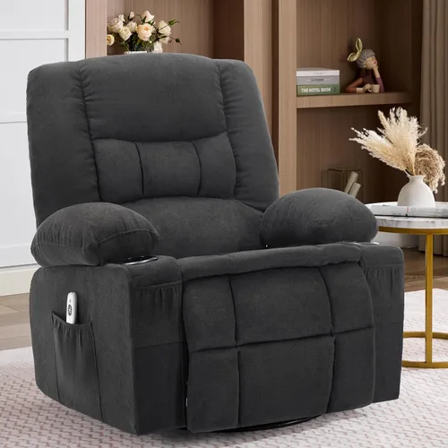 Vista 18 de Rocker - Silla reclinable con masaje y calor, sofá individual ergonómico, mecedoras para sala de estar, cómoda silla reclinable con portavasos Gris