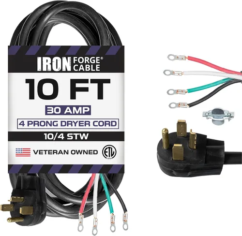 Vista 11 de Iron Forge Cable Cable de secado de 4 clavijas de 4 pies, negro 10/4 NEMA 14-30 enchufe cable de extensión de 30 amperios de 4 pies para secadora