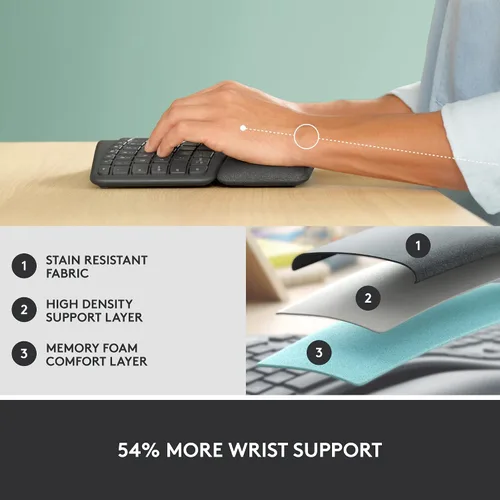 Vista 3 de Logitech Ergo K860 - Teclado inalámbrico dividido con soporte de muñeca y elevación vertical izquierdo ergonómico mouse zurdo Bluetooth receptor USB