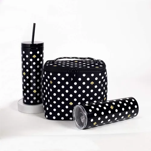 Vista 5 de Kate Spade New York Lonchera térmica suave aislada con doble cierre de cremallera y asa de transporte, lunares (negro/blanco)