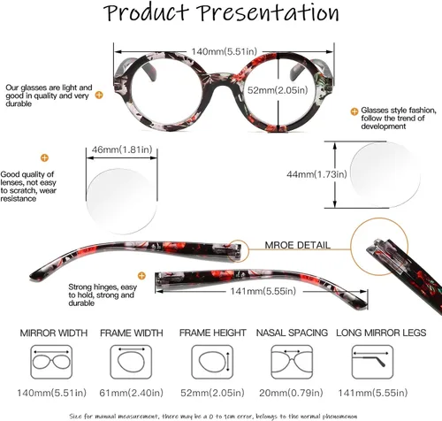 Vista 3 de Bevi Lentes de lectura elegantes para mujer, lector redondo con bisagras de resorte, lentes de gran valor para mujeres