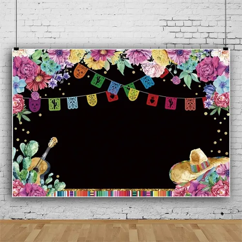 Vista 2 de Fondo de fiesta de poliéster de 5 x 3 pies para fotografía, cumpleaños mexicano, verano, fiesta en la piscina, fondo de flores para fiesta, Cinco