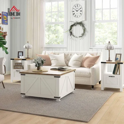 Vista 2 de HOMCOM Farmhouse - Mesa de centro cuadrada de 31.5 pulgadas con almacenamiento, color blanco antiguo