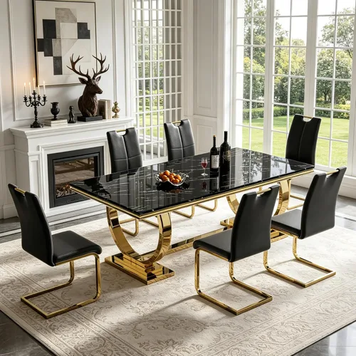 Vista 32 de 5 Piece Black Marble Dining Table Set for 4, Modern Faux Marble Kitchen Dining Room Tables with 4 Leather Chairs Set, 68.11" Luxury Rectangular