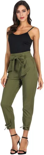 Vista 3 de GRACE KARIN - Pantalones casuales, de cintura alta, sólida, auto-amarrado, cinturón tubo, para mujer.