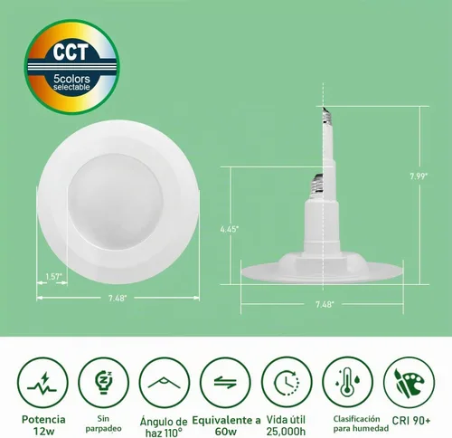 Vista 3 de Soliseed - Paquete de 4 unidades de iluminación LED empotrable de 5/6 pulgadas 5CCT, luz de techo regulable, color seleccionable