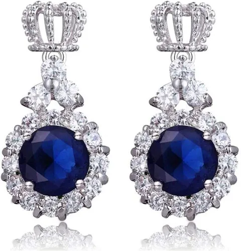 Vista 3 de AILUOR Juego de joyas de zafiro con corona, moda nupcial de plata Swarovski Elements, collar y pendientes de tuerca para mujer y niña
