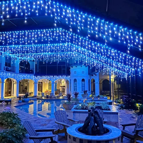 Vista 5 de Luces de Navidad de carámbano para exteriores, 66 pies, 640 luces LED de Navidad azules y blancas, 8 modos con 120 gotas, luz de carámbano