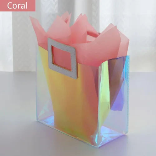 Vista 3 de VUOJUR 2 bolsas de regalo pequeñas reutilizables de 8.3 pulgadas con papel de seda - Coral e iridiscente