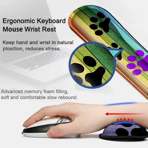 Vista 4 de Alfombrilla ergonómica para mouse con reposamuñecas + reposamuñecas de teclado de espuma viscoelástica, base antideslizante y reposamanos