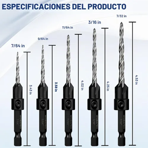 Vista 7 de WORKPRO Juego de brocas avellanadas de 5 piezas, brocas ajustables de 4