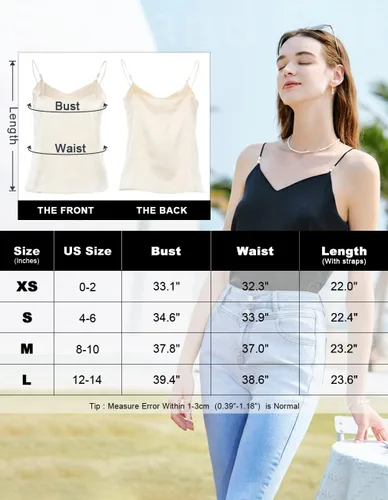 Vista 6 de IIG Camiseta sin mangas de seda con ribete de perlas para mujer, camisola de satén con cuello en V