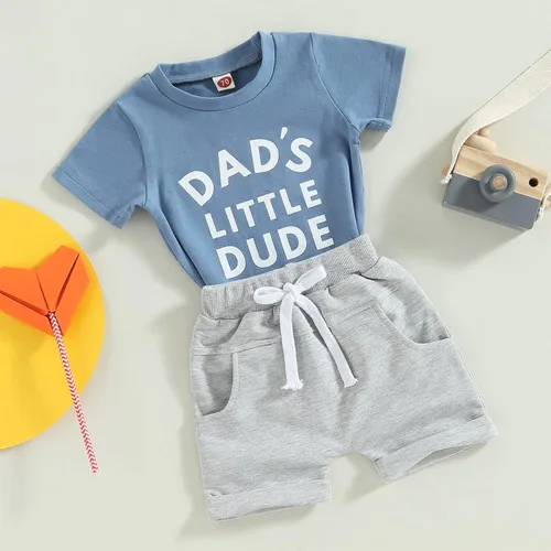 Vista 9 de Conjunto de traje de verano para bebé niño pequeño, manga corta, cuello redondo, letras impresas, lindo traje de verano, conjunto de 2 piezas