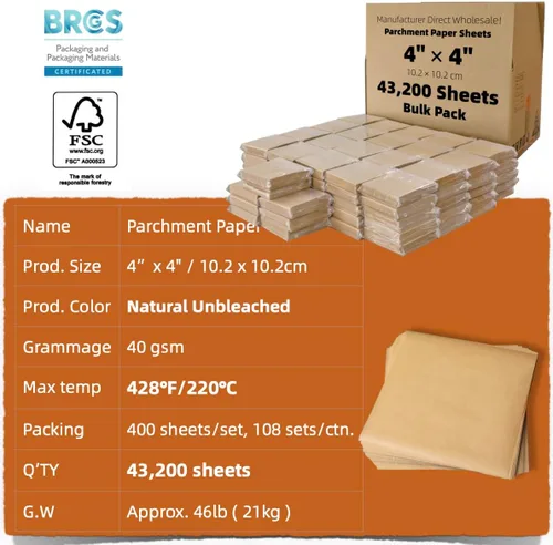 Vista 2 de Cuadrados de papel pergamino pequeños comerciales de 4 x 4 pulgadas (43,200 hojas), sin blanquear, antiadherentes, precortados, para envoltorios