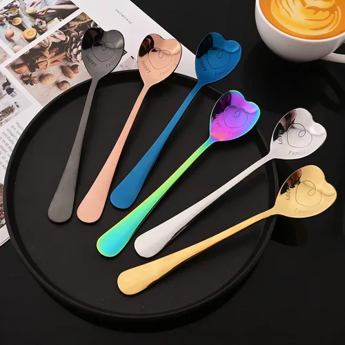 Vista 4 de JASHII 8 cucharaditas de acero inoxidable con forma de corazón negro brillante, cucharas de café de postre, cuchara de amor, cuchara mezcladora