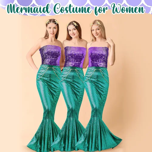 Vista 5 de Toulite Juego de 4 disfraces de sirena de Halloween para mujer, falda de tubo de lentejuelas, falda de cola larga, cintura de perlas y cadena