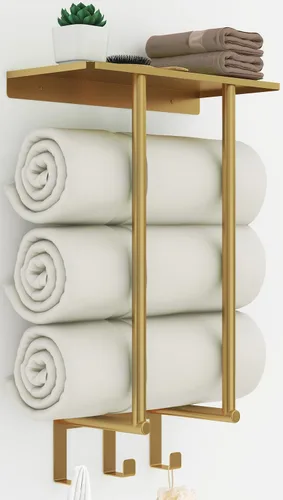 Vista 9 de Toalleros para baño, toallero con estante y 3 ganchos, soportes de almacenamiento de toallas de pared para toallas de baño enrolladas, color negro