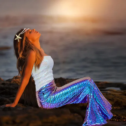 Vista 6 de Newcotte 4 piezas de disfraz de sirena para mujer, falda de tubo de lentejuelas, cintura de perla y cadena para la cabeza para Halloween Cosplay